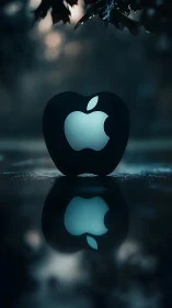 Apple Logo Apple Shape Glowing Cyan in Wet Reflection