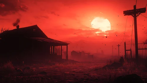 Deserted rural house under intense red sunset sky