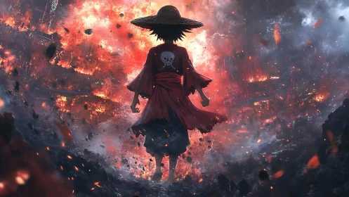 Straw hat anime figure walks toward large burning explosion