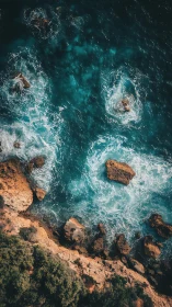 Storm-kissed turquoise cove swirling around rugged cliffs.