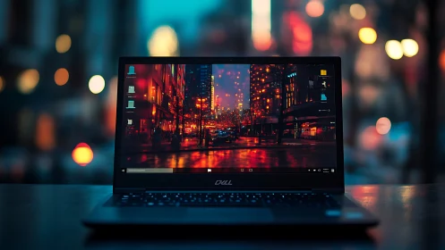 Dell laptop on city street table with neon bokeh reflections