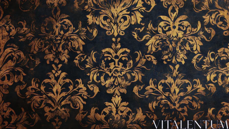 Ornate gold damask pattern covers distressed dark canvas