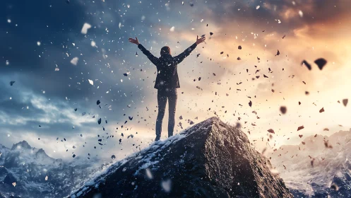Silhouetted climber celebrates summit under exploding sky.