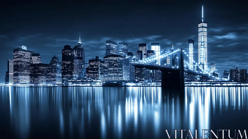 Nocturnal blue city skyline renders luminous urban reflections