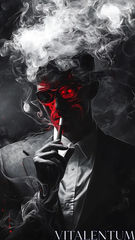 Smoking specter in suit with surreal red neon visage.