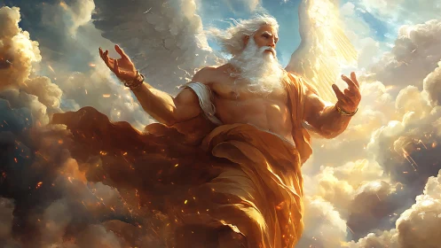 Winged bearded figure ascends through sunlit turbulent clouds