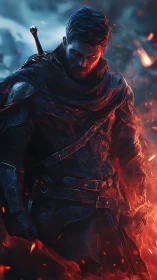 Firelit wanderer poised between embers and stormlight.