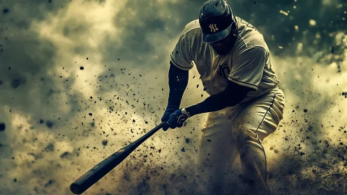 Baseball hitter drives through exploding infield dust cloud mid-swing