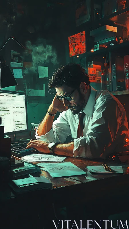 Late-night analyst immersed in moody neon workspace.