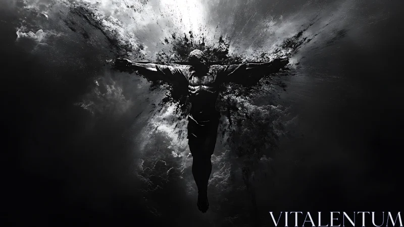Cruciform figure shatters through monochrome storm clouds.