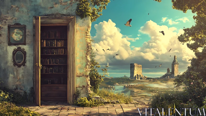 Weathered library doorway opens onto luminous coastal ruins