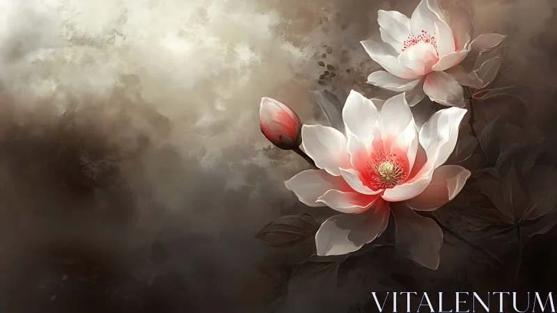 Digital painting of blooming pink and white lotus flowers against dark background