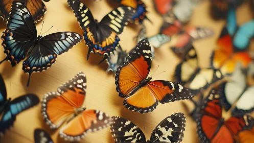Vibrant butterfly collection on warm wood background.