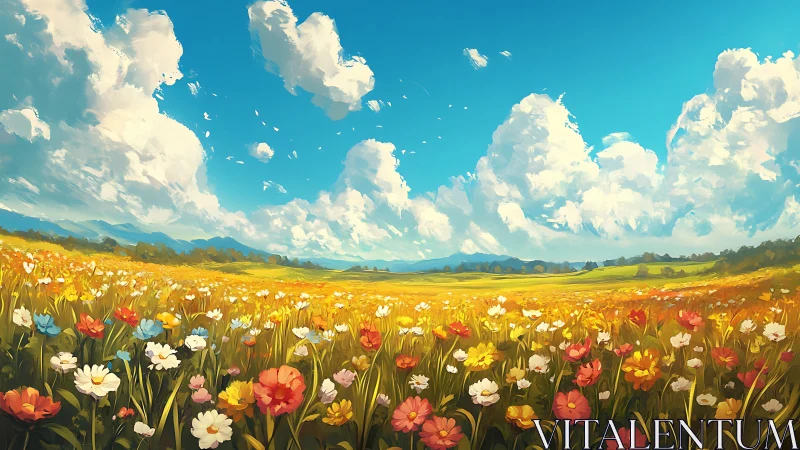 Sky-drenched wildflower carnival under wandering cotton clouds.