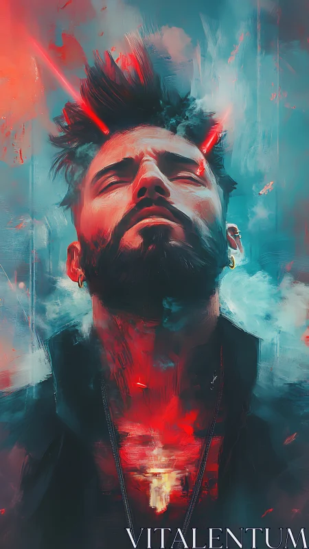 Neon-illuminated portrait shows upward gaze with radiating beams