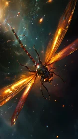 Luminous cosmic dragonfly drifts through a glowing nebula sky
