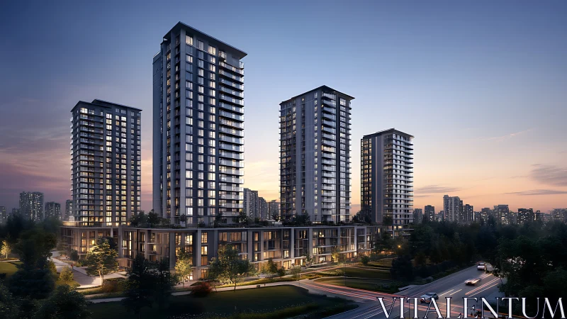 High-rise residential towers at dusk with landscaped podium complex.