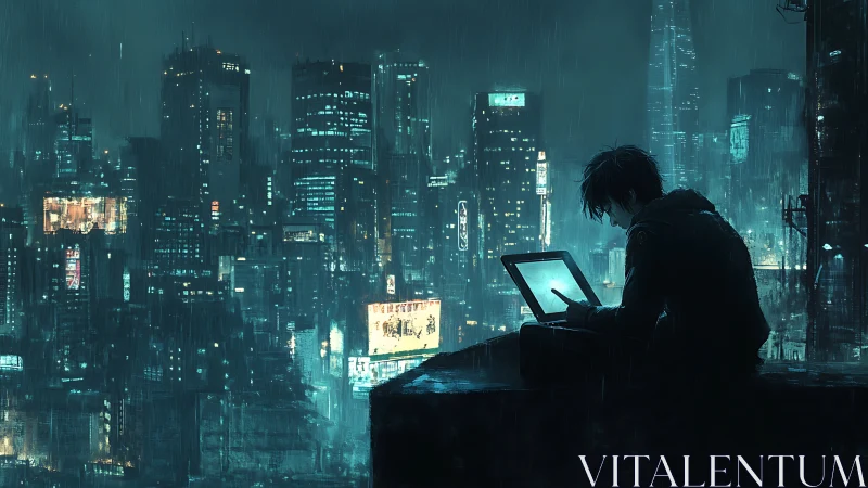Solitary digital artist over neon-soaked cyberpunk skyline.