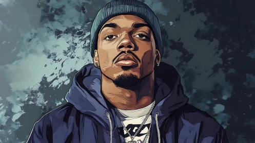 Digital portrait of man in beanie and hoodie on abstract background.