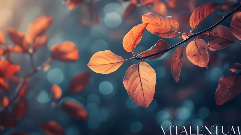 Autumn leaves on a branch with soft bokeh background, artistic style.