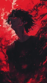 Male figure in red and black swirling abstract field.