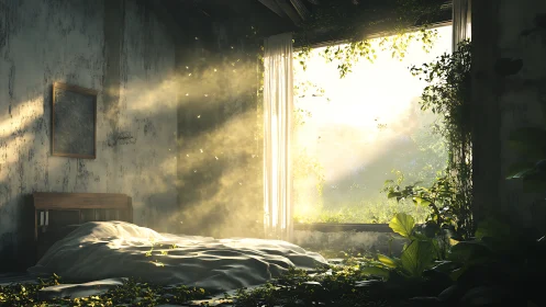 Sunlit abandoned bedroom dissolves into lush overgrowth.