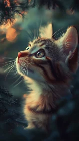 Kitten's Wonder: Eyes Lifted to Nature's Golden Light.