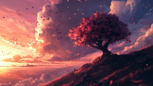 Solitary blossom tree glows against a stormlit sunset sky.