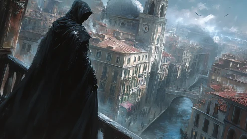 Cloaked observer surveys fog-laden Venetian canal cityscape at dusk