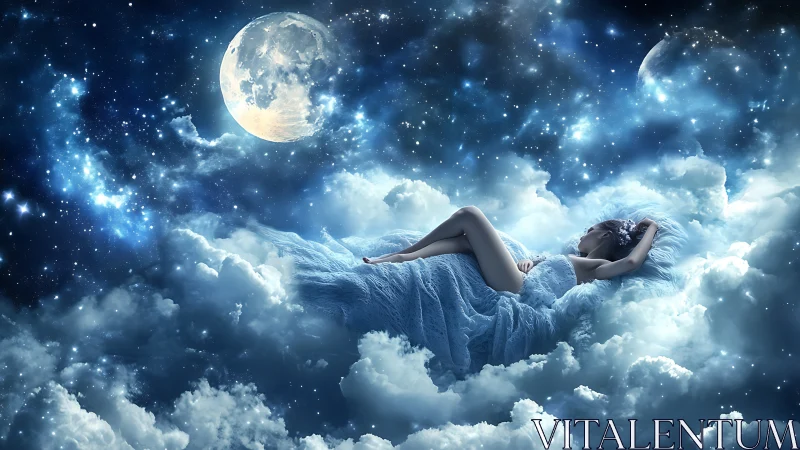 Woman in blue gown resting on clouds under bright moon.