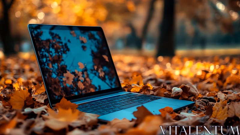 Ultrabook laptop in autumn foliage with reflective glass display