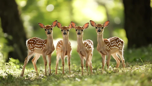 Four curious fawns share a sunlit moment in the forest
