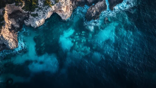 Aerial coastal cliff interface with foaming turquoise shallows
