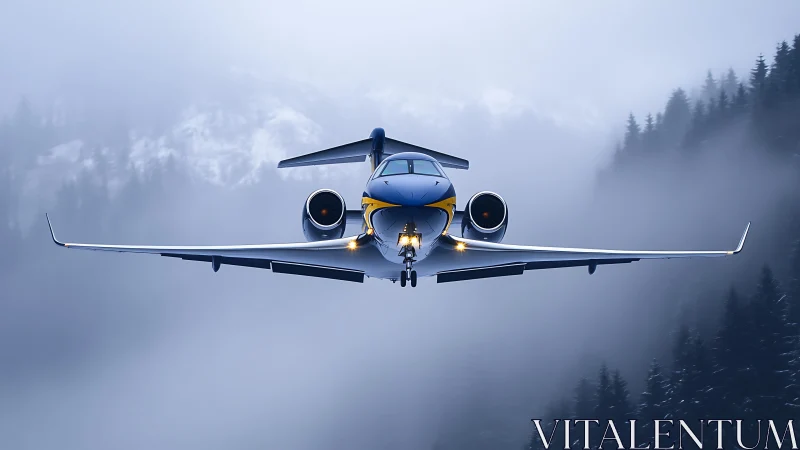 Business jet on approach through misty conifer valley.