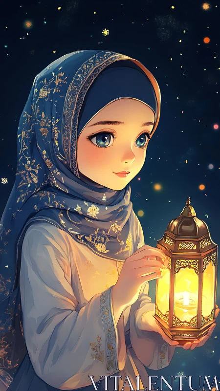 Starlit girl in blue hijab cradles a glowing golden lantern.