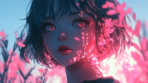 Backlit anime portrait with volumetric pink bloom reflections