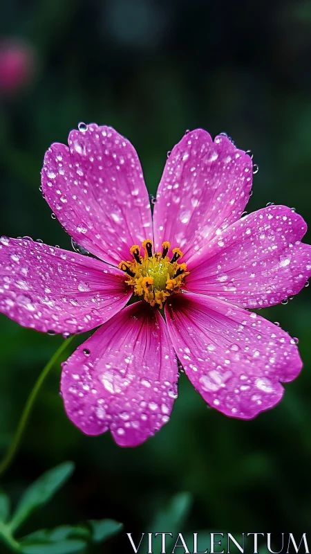 Pink cosmos bloom with raindrops against dark green bokeh.