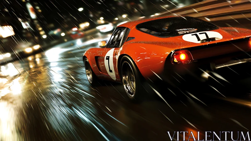 Vintage red race car slicing through rainy city night.
