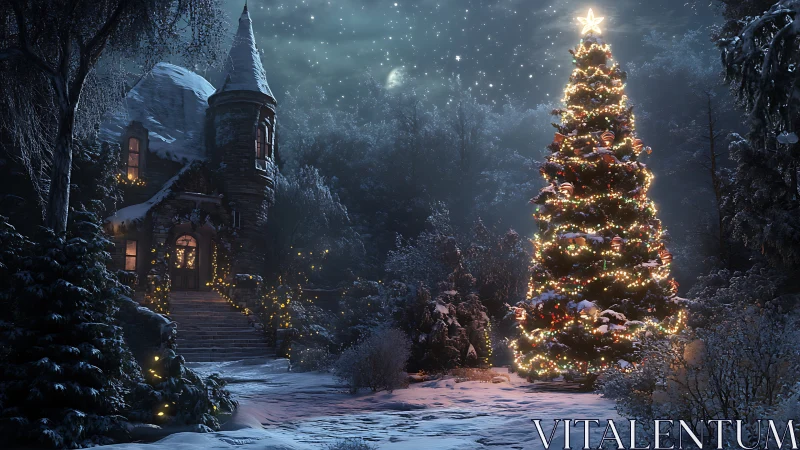 Starlit Christmas tree glows beside a storybook snowy cottage