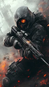 Hooded futuristic soldier glows amid storm of sparks.