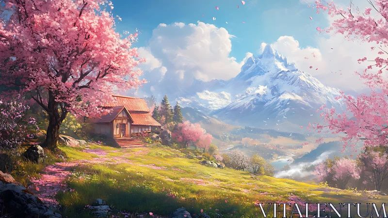 Cherry blossoms frame secluded cottage under snowy peaks.