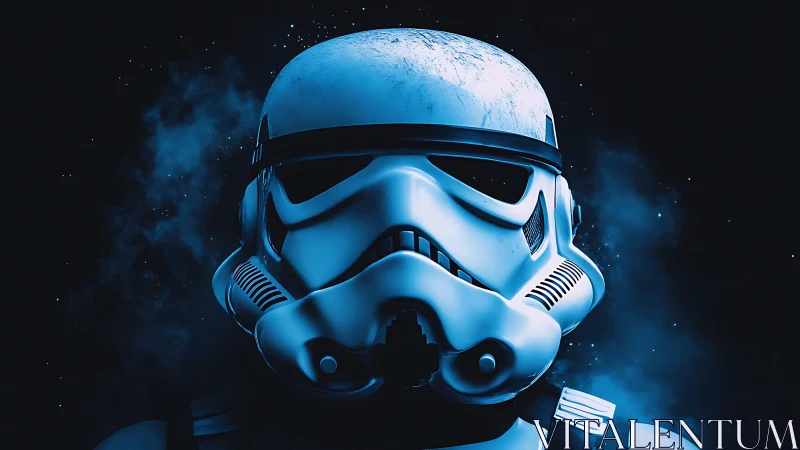 Galactic trooper helmet in moody blue cosmic lighting.