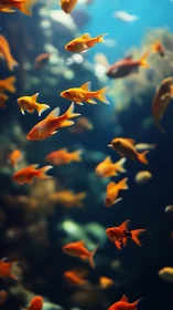 Goldfish drift through sunlit blue in dreamy focus depth.