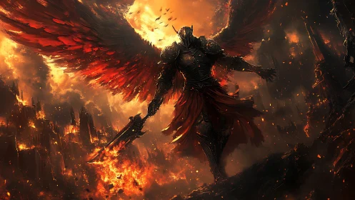 Armored fallen angel descends in a burning apocalyptic sky