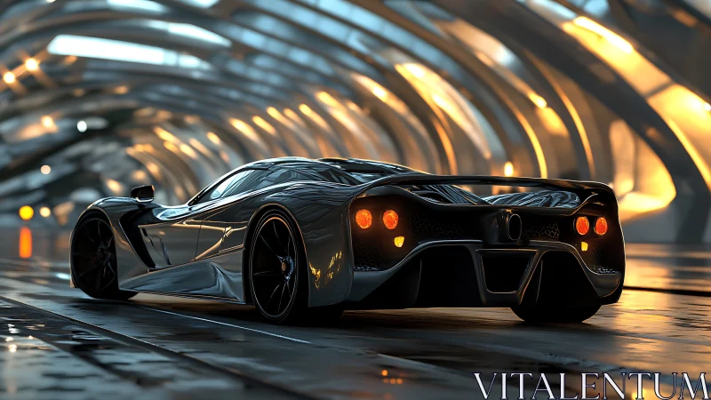 Sculpted hypercar under futuristic tunnel lighting glow.