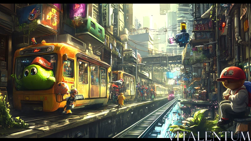 Concept art of whimsical neo-urban rail corridor environment.