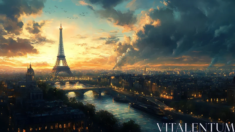 Golden hour settles gently over a glowing Parisian skyline