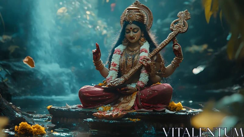 Serene veena goddess in luminous forest shrine tableau.