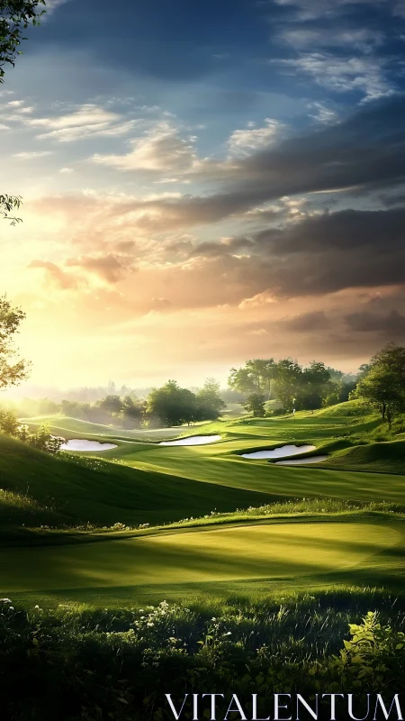 Sunlit golf course fairways extend under dramatic clouded sky