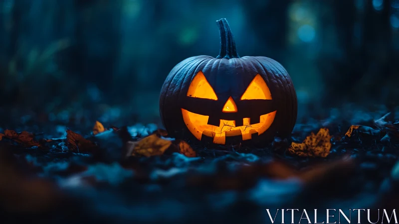 Photorealistic jack-o-lantern in moody shallow-depth forest scene.